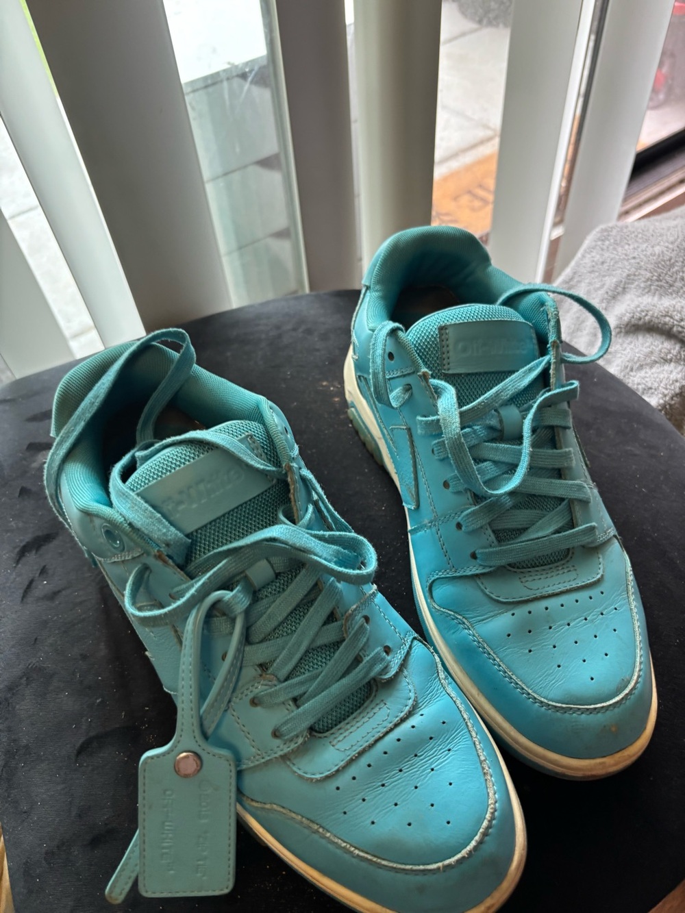 Off White Teal Leather High-Top Sneakers